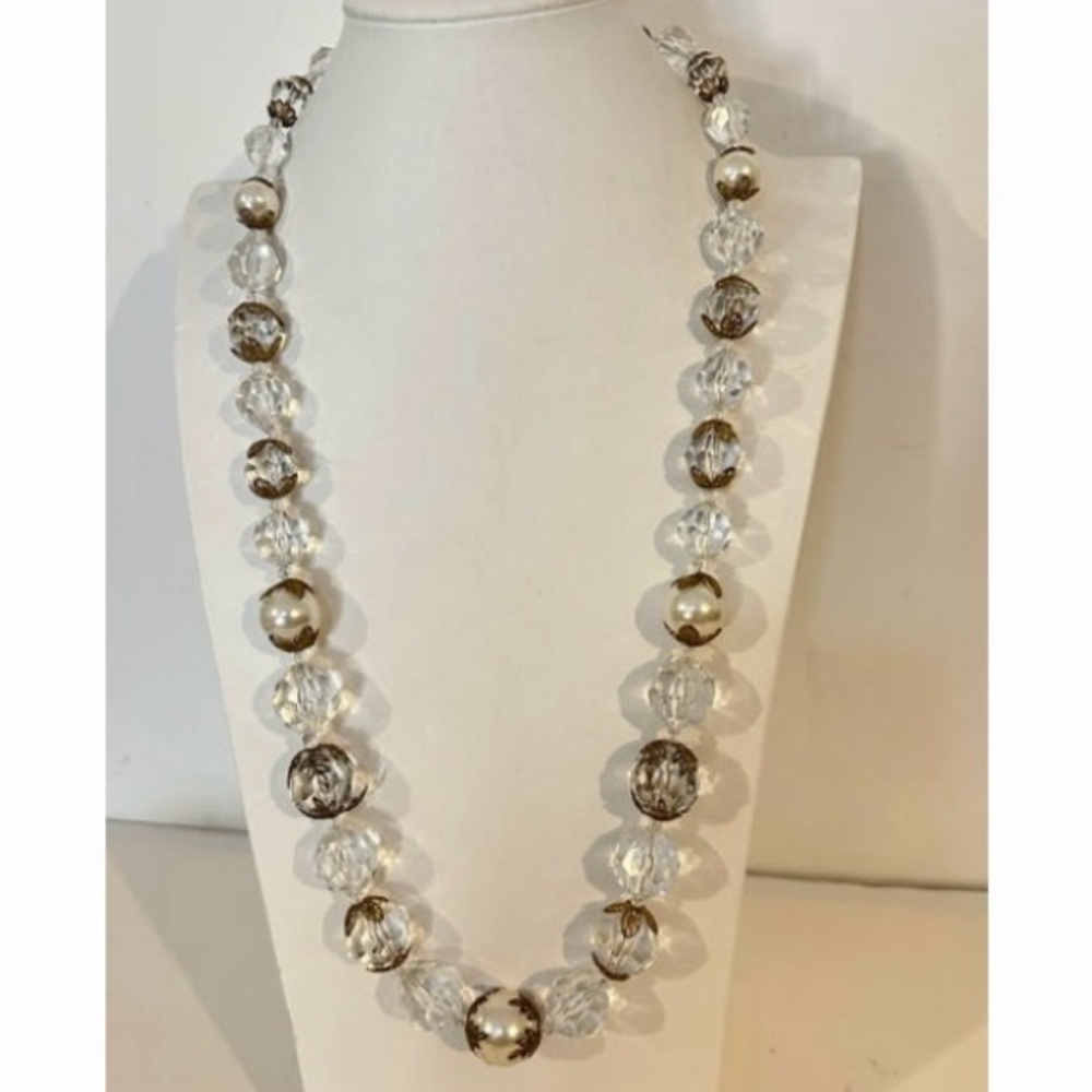 Vintage large acrylic beaded Gold Tone Necklace 28"‎